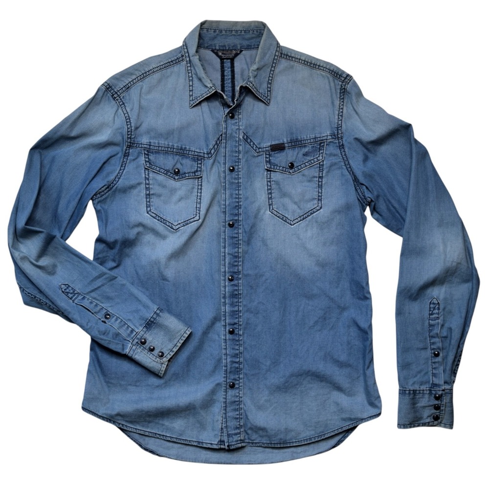 Diesel Mens Large L Sonora Denim Western Shirt Pearl Snap Blue Distressed Rugged